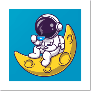 Cute Astronaut Drinking Coffee On The Moon Cartoon Posters and Art